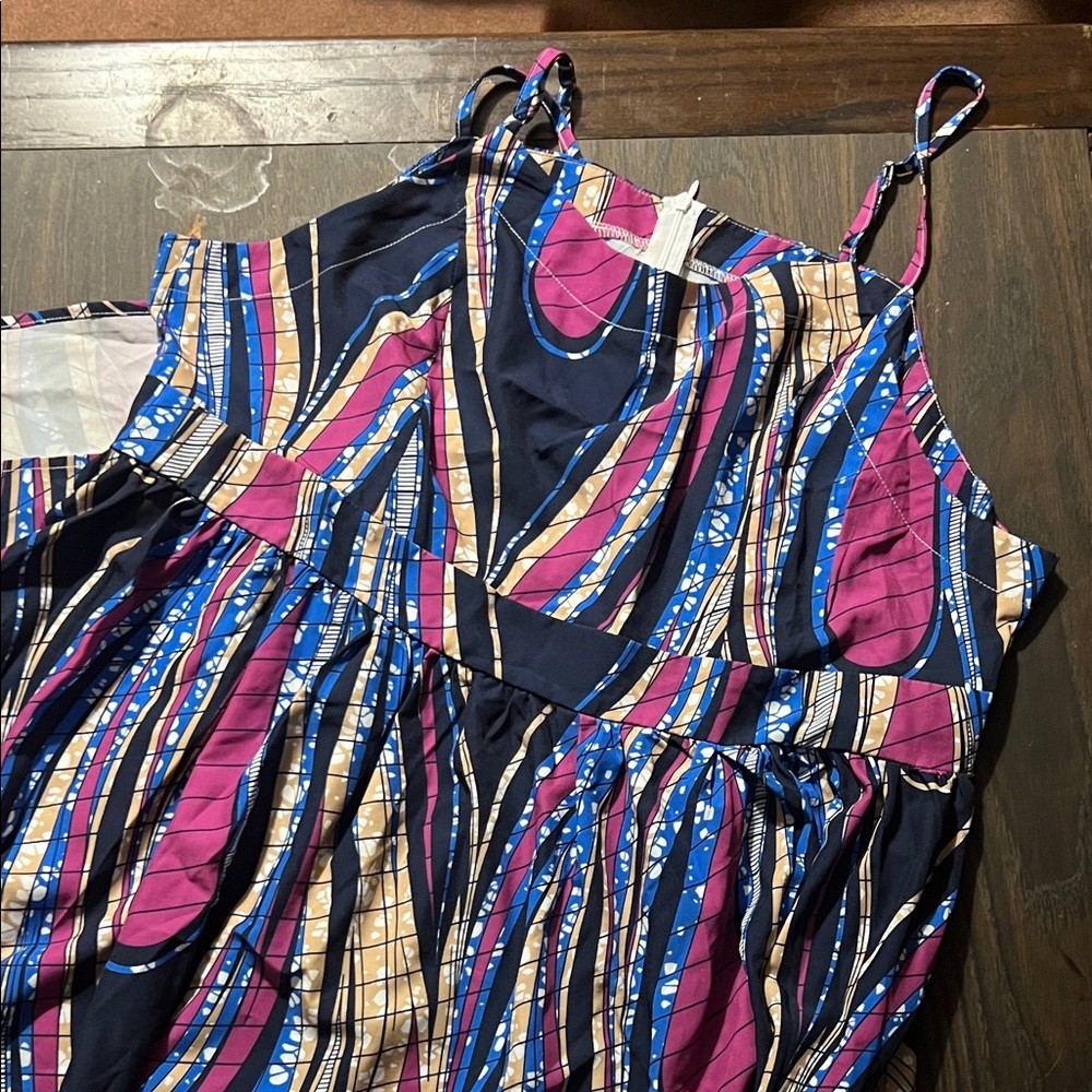 Vibrant Striped Maxi Dress - Navy, Magenta & Tan
